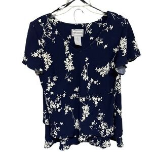 Karin Stevens Navy and White Vintage Floral 2 Piece Dress Top and Skirt Size 16